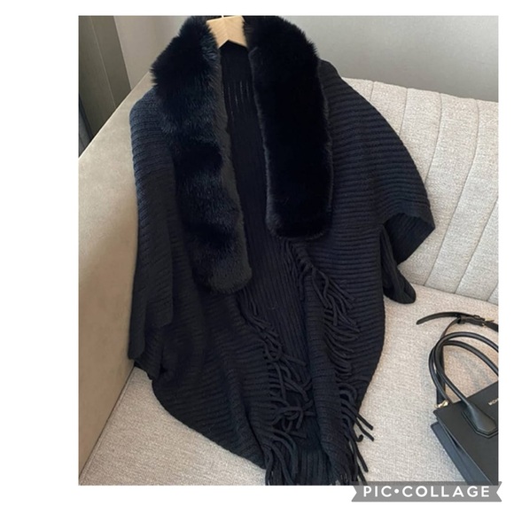 FAUX FUR COLLAR SHRUG FRINGE KNIT BLACK CONCERT OPERA - Picture 1 of 4